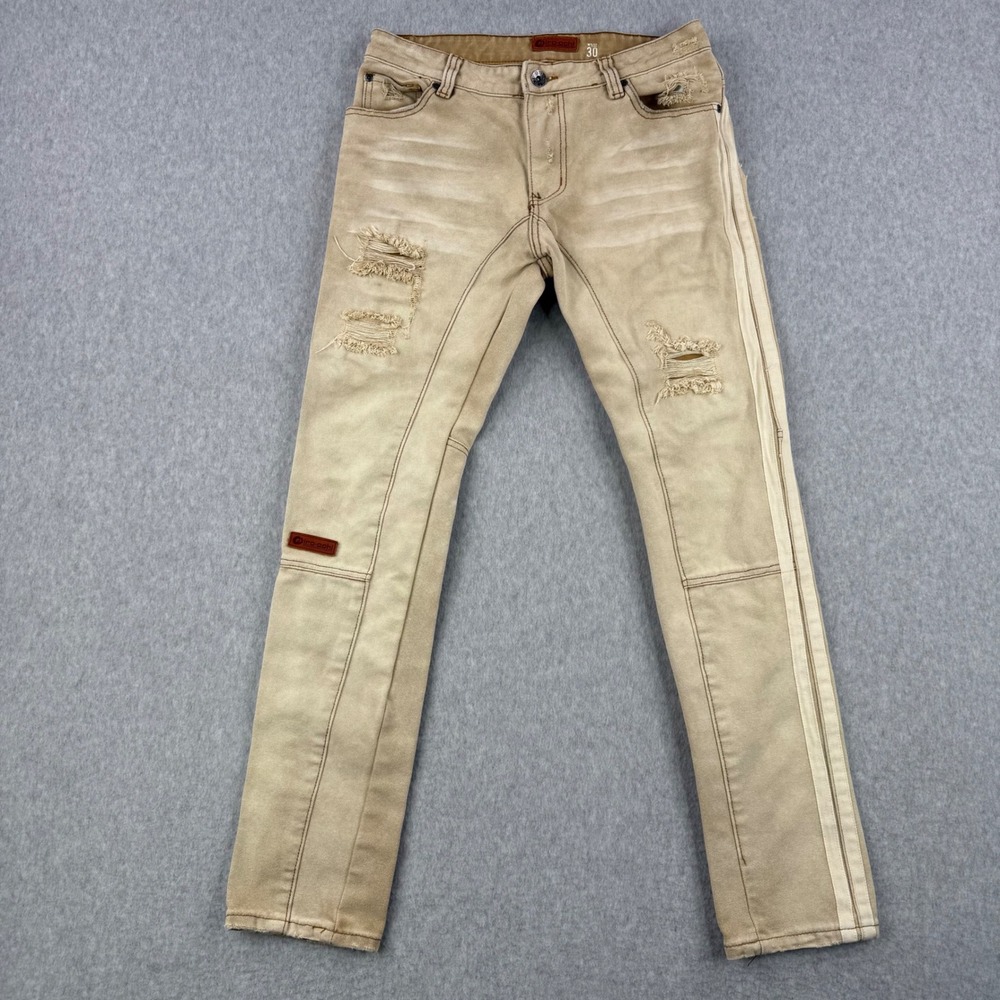 Iro-Ochi Jeans Mens 30x31 Tan Limited Edition Moto Side Stripe Distressed Denim